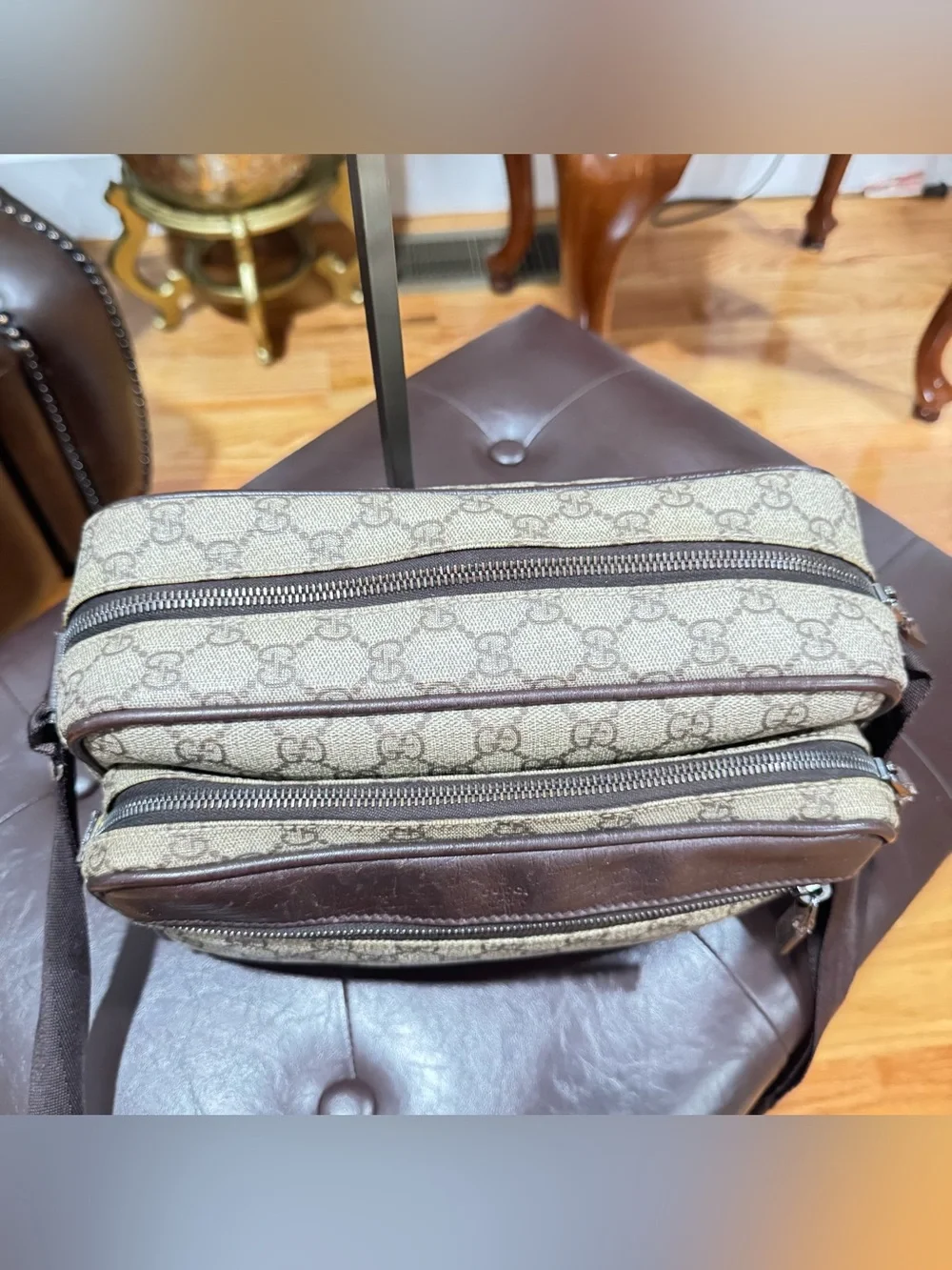 Gucci GG Supreme Monogram Canvas Brown Leather Messenger Crossbody Bag